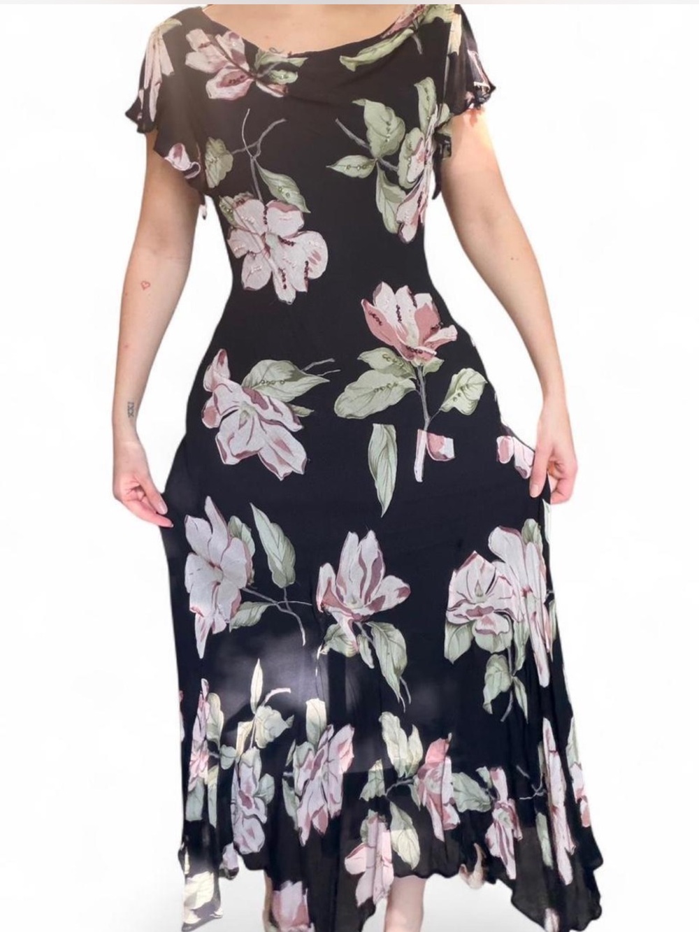 Midnight Velvet Black Maxi Dress with Pink Floral hand beaded dress